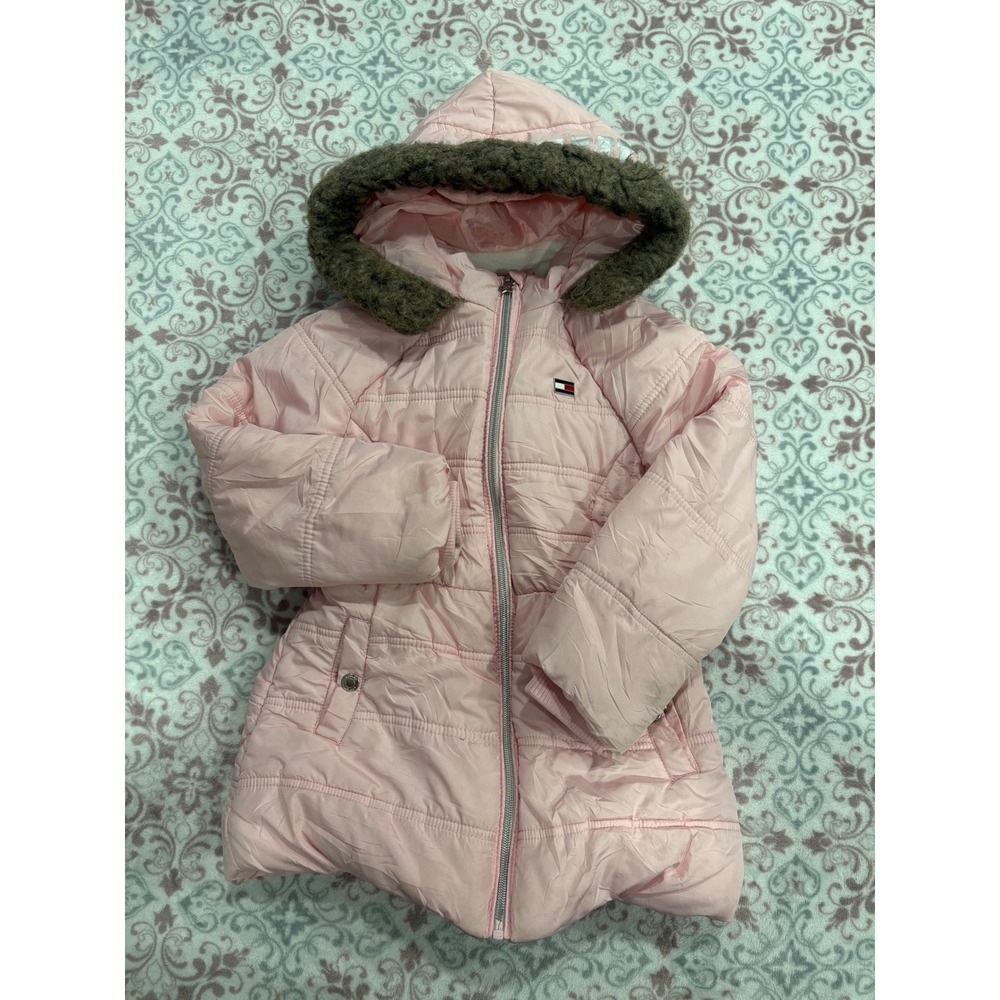 Tommy Hilfiger Girls Pink Puffer Jacket Faux Fur Hood Fleece Lined XS 5/6 RN1303